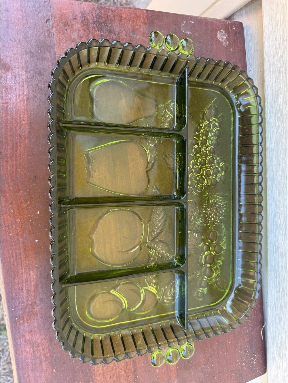 Vintage Indiana Glass Avocado Green Embossed Fruit Divided Serving Tray